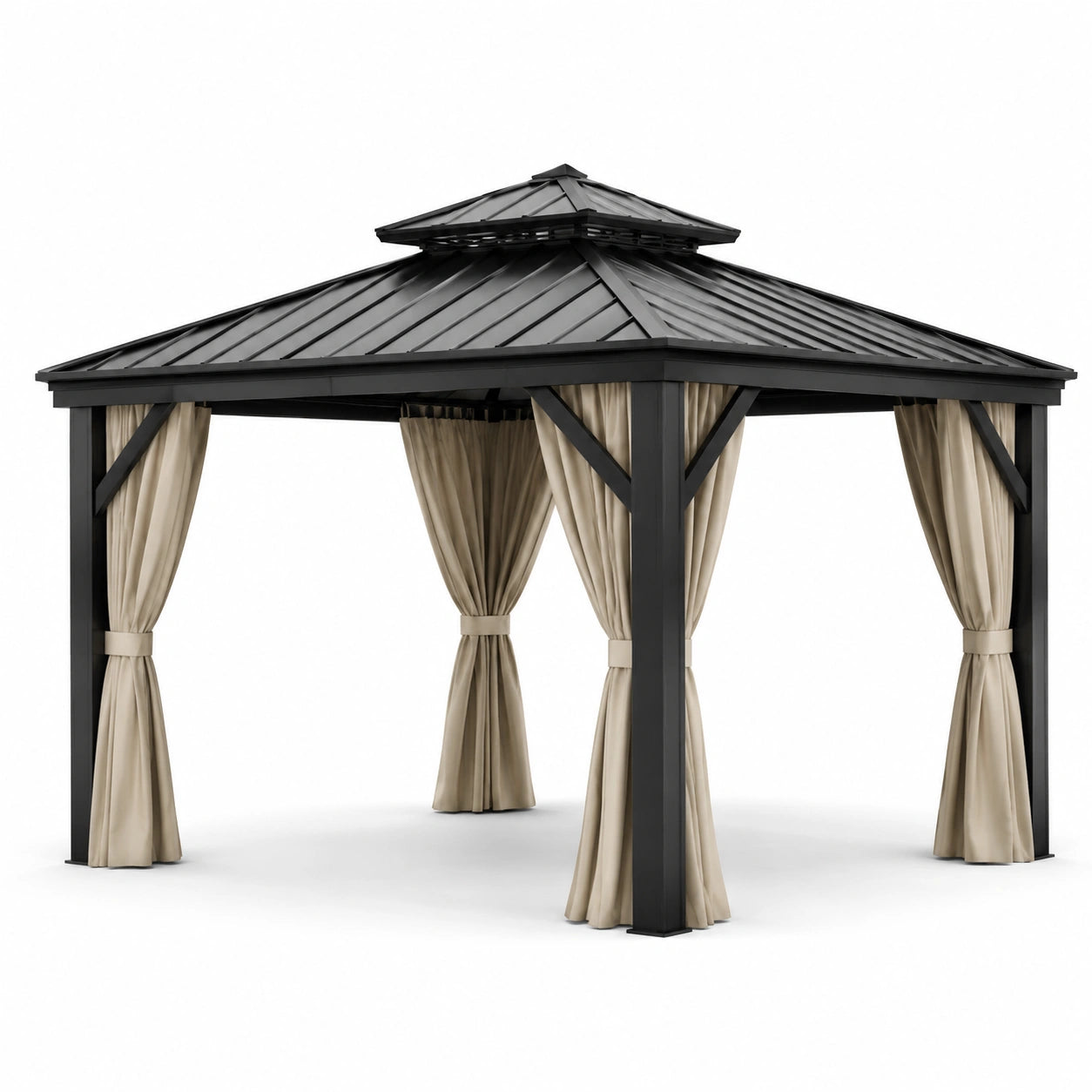 Gartenpavillon Aluminium Schwarz mit Polyester Vorhängen 3x3m