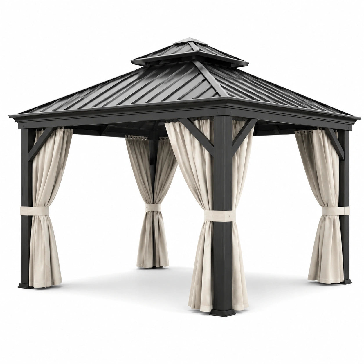Metall Pavillon mit Vorhängen, Schwarz und Beige, 300x300 cm