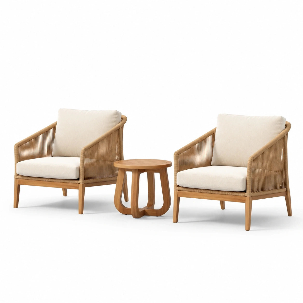 Teakholz-Bistrogarnitur mit Seilgeflecht in Beige, 2 Sessel und 1 Tisch