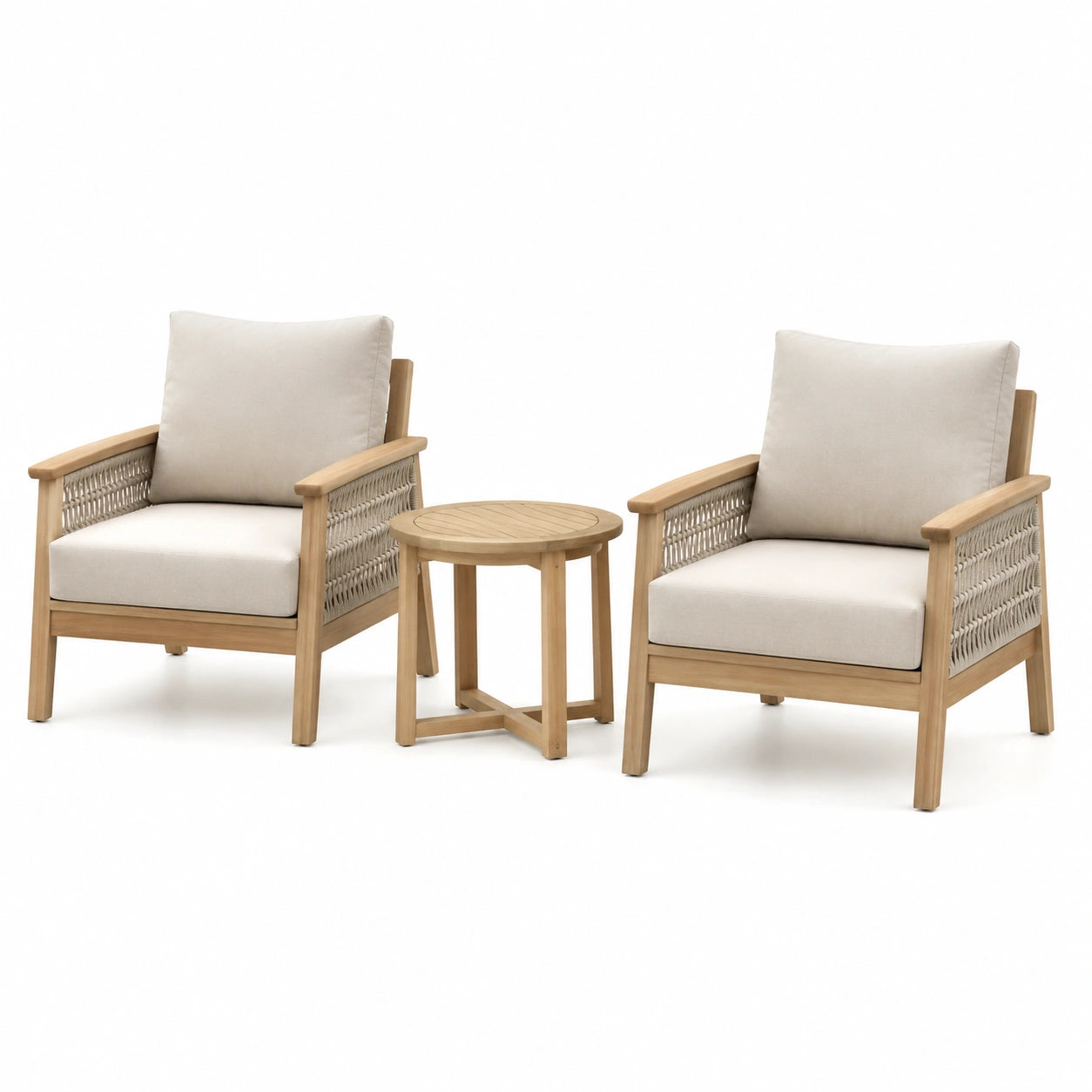 3-teiliges Set aus Akazienholz mit Polyesterkissen und Polyrattan-Geflecht in Natur/Beige