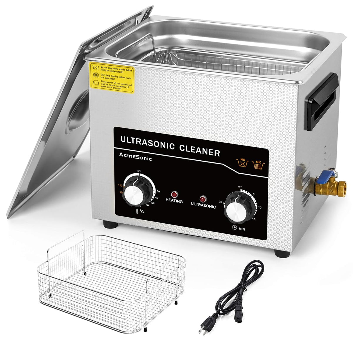Acmesonic Ultrasone reiniger Commerciële, 10 l, 40 kHz, met verwarming en timer, met knop, professionele ultrasone reiniger, voor gereedschap, brillen