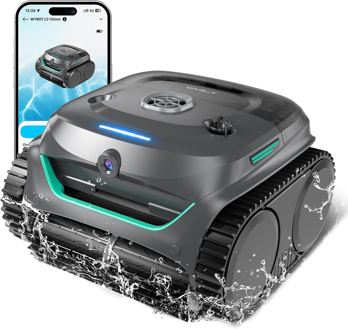Zwembadrobot Wybot C2 Vision AI Draadloze, voor verzonken zwembaden tot 180 m2, met accu, zwembadrobot vloer en wand, tweelaagse filtering