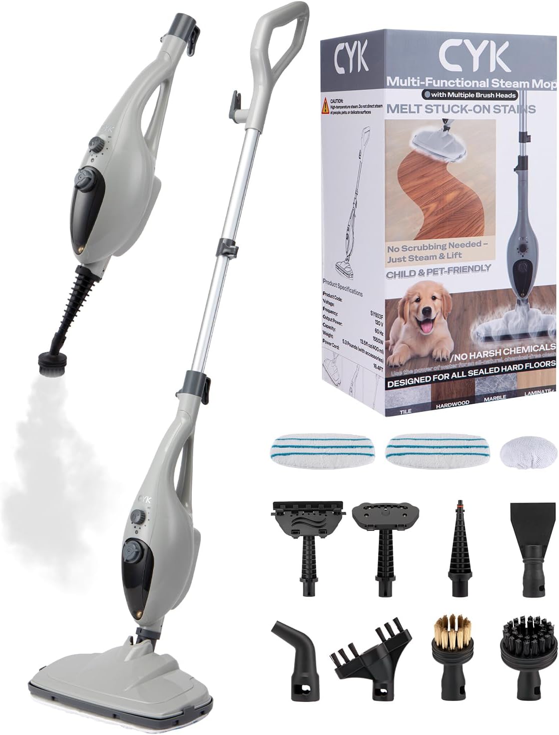 CYK Stoomreiniger Stoomdweilen, 12-in-1 handstoomreiniger, voor hardhouten vloeren en tegels (grijs-grijs), voor vloerreiniging, voor thuis