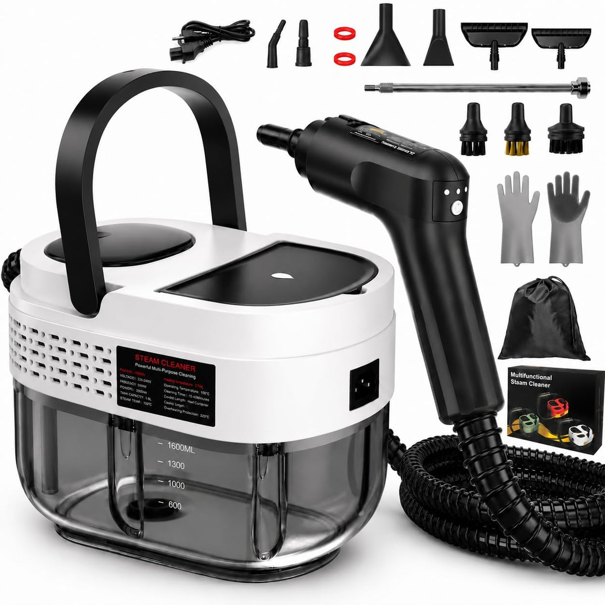 Goyappin Stoomreiniger Handstoomreiniger, 1600 ml tank, 2500W hogedrukstoomreiniger, 3 stoomniveaus, voor thuis, voor auto-detaillering, bank, meubels