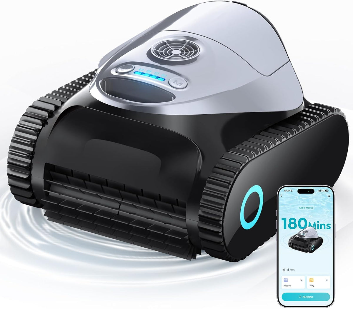 Brinbo Zwembadrobot C1, 7 reinigingsmodi, 180 minuten looptijd, voor zwembaden tot 150 m2, met app, accu, bodem en muur, dubbel filter, antraciet