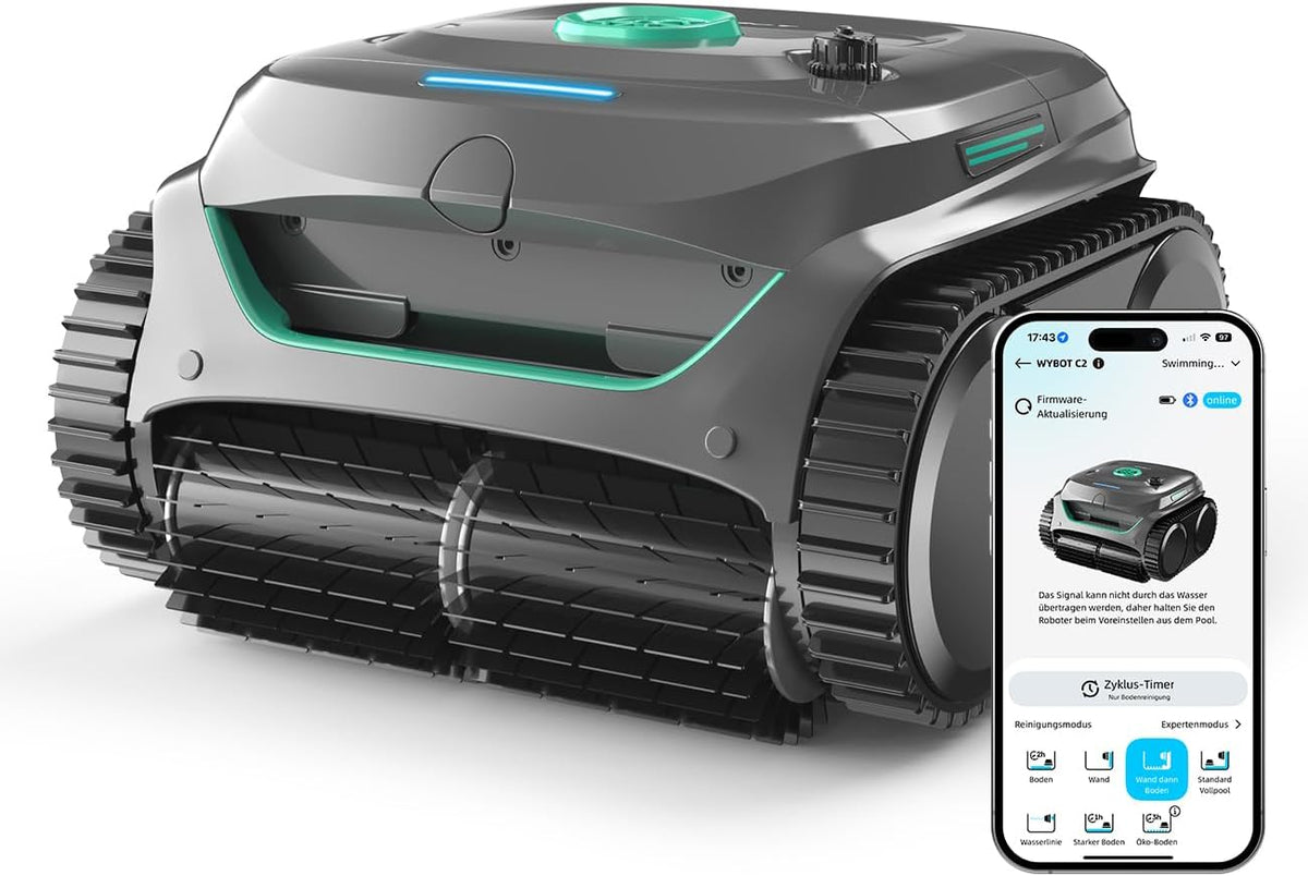 Zwembadrobot Wybot C2, 150 m2, 3 motoren, 180 minuten, app, voor muren en vloeren, draadloos, voor verzonken zwembaden, dubbele filtratie