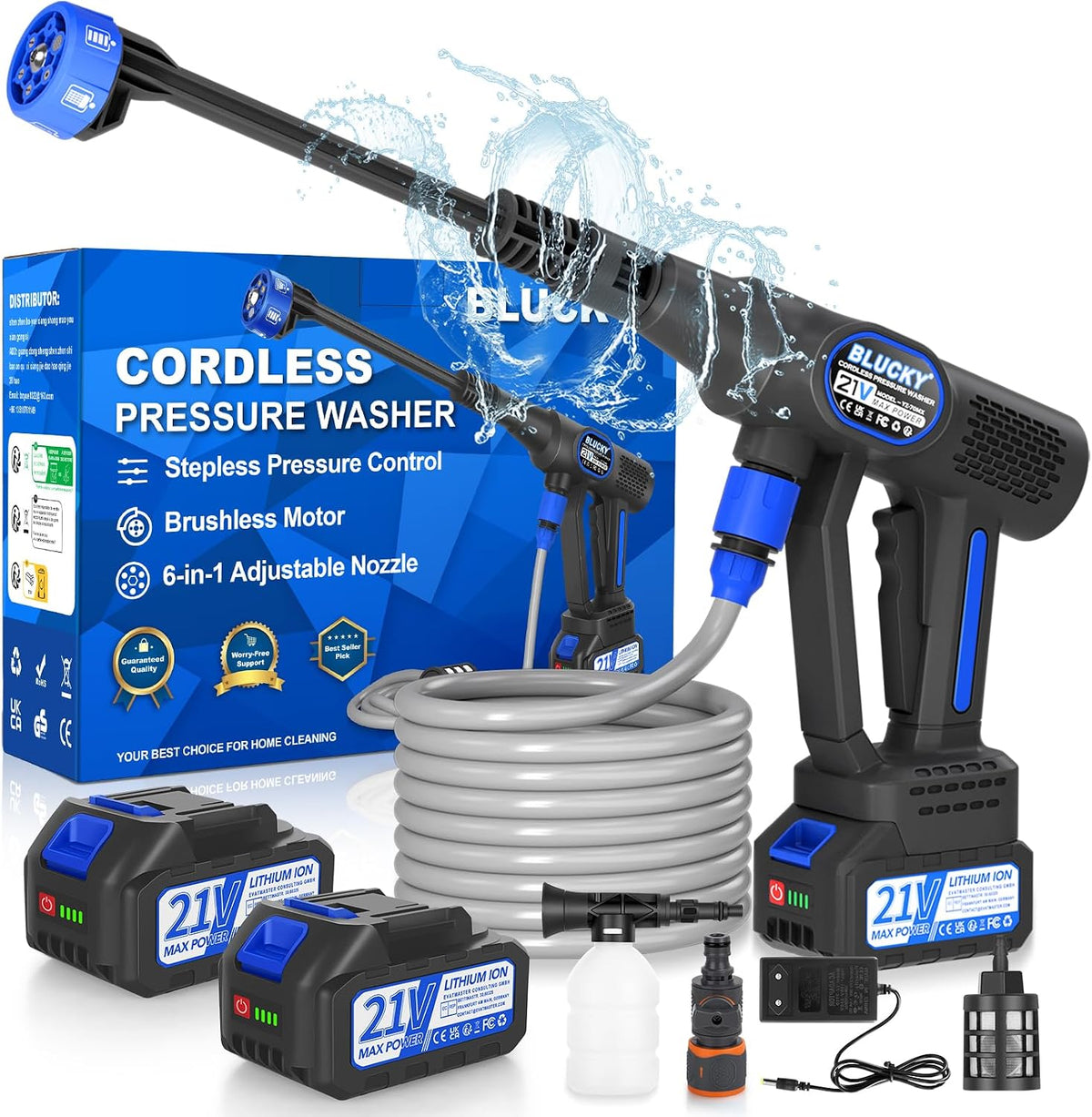 Blucky Hogedrukreiniger Accu- Pressure Washer, incl. 6-in-1 multifunctionele sproeikop & accessoires, met 2 accu's, voor auto & balkon