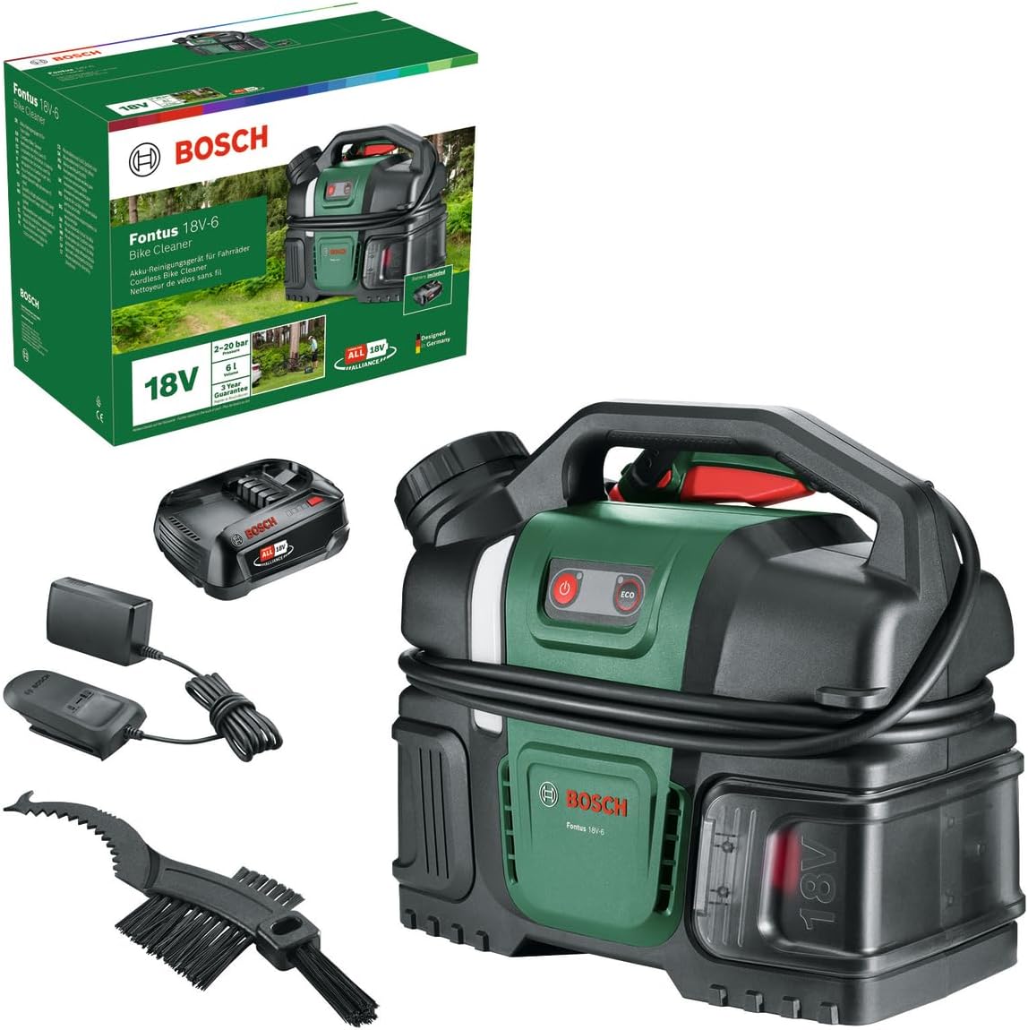 Bosch Hogedrukreiniger Fontus 18V-6 Bike Cleaner (draagbaar, inclusief 1x 2,0 Ah 18V accu en oplader), 6L watertank, 8 drukstanden, opslag