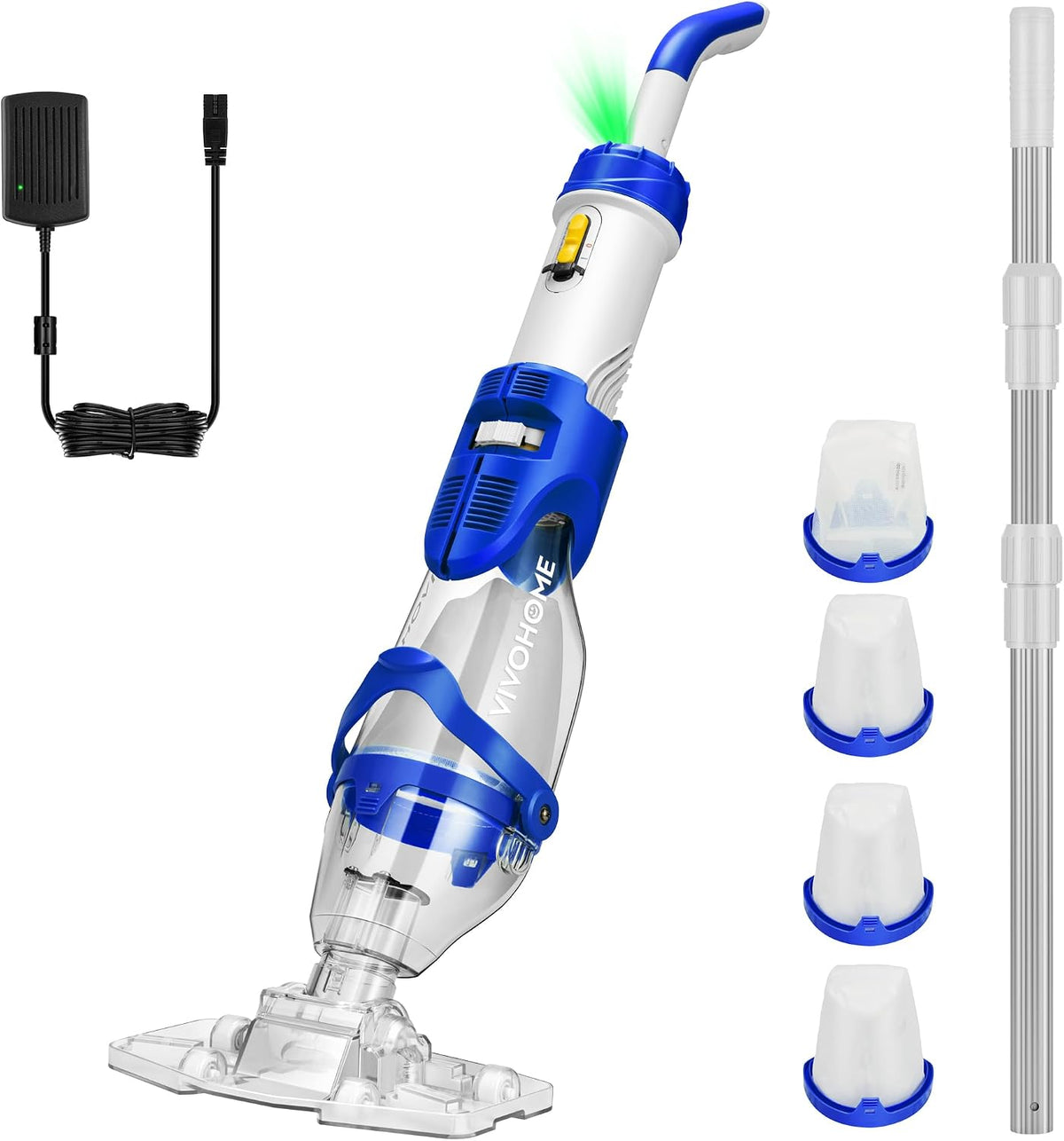 Vivohome Handmatige zwembadzuiger 250cm Draadloze Zwembadstofzuiger 72LPM Zuigkracht, met 4 Filterzakken 2,6L, voor Zwembaden en Hot Tubs