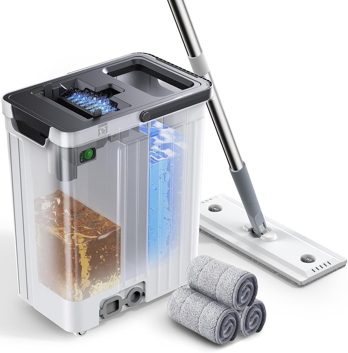 Adicom Natte Mop en emmer set, 3x wasbare pads, auto-spray reiniging, vuilwaterscheiding houdt het water vers, platte dweil en emmer, met wringer