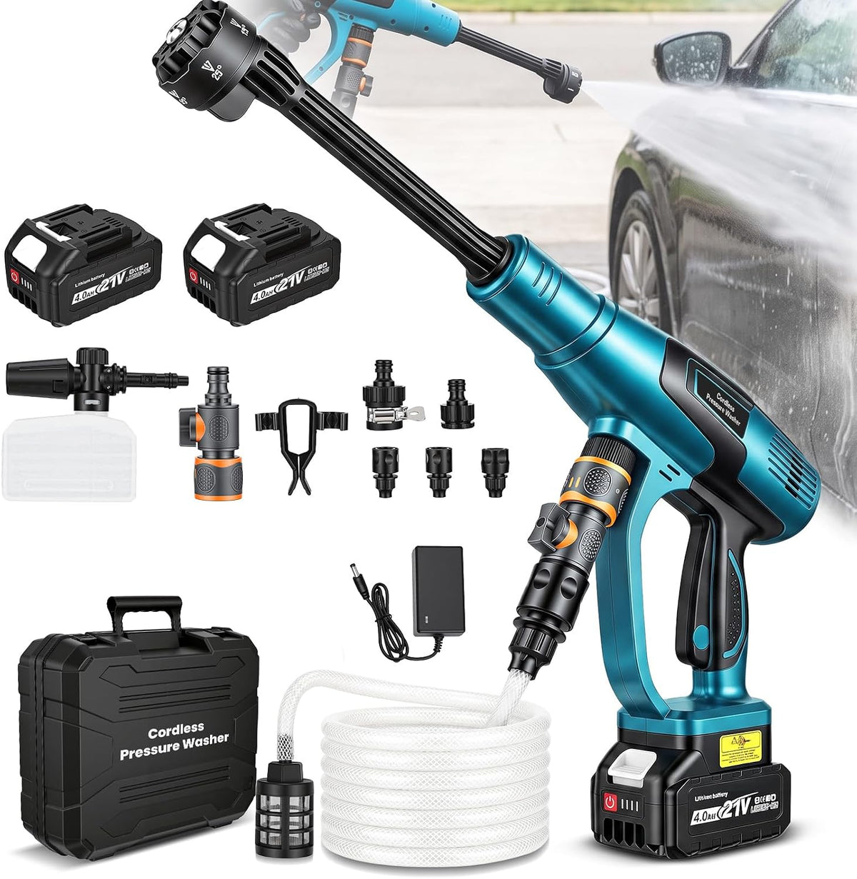 Hogedrukreiniger Yofuly Accu-, 330 l/u, 2 x 4,0 Ah accu, met Makita 18V-accu's, 3 vermogensniveaus, 5 m slang, 6-in-1 mondstuk, compatibel