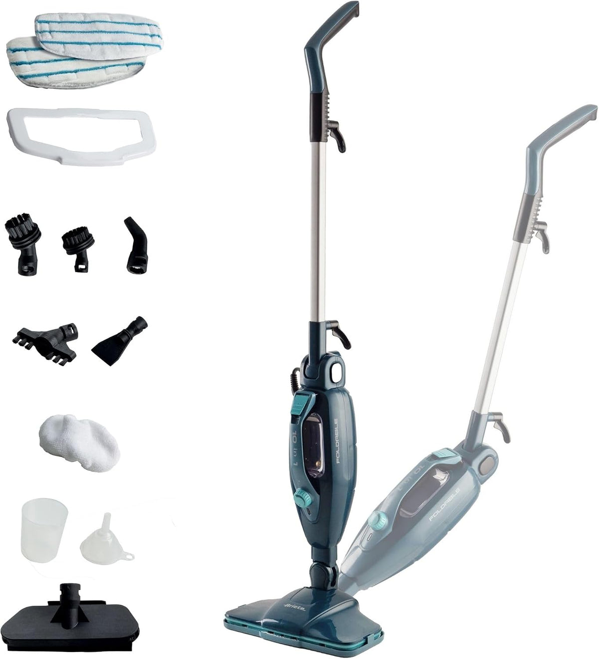 Ariete Stoomreiniger 4175 Steam Mop Foldable 10 in 1, 1500 watt, 10 functies in 1, capaciteit 350 cc, blauw, inklapbare stoombezem, accessoireset