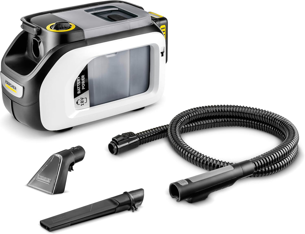 Kärcher Tapijtreiniger SE 3-18 Compact wit, dubbele tank 1,6 liter + textielmondstuk + spleetmondstuk, werkt op batterijen, bekleding en bekleding