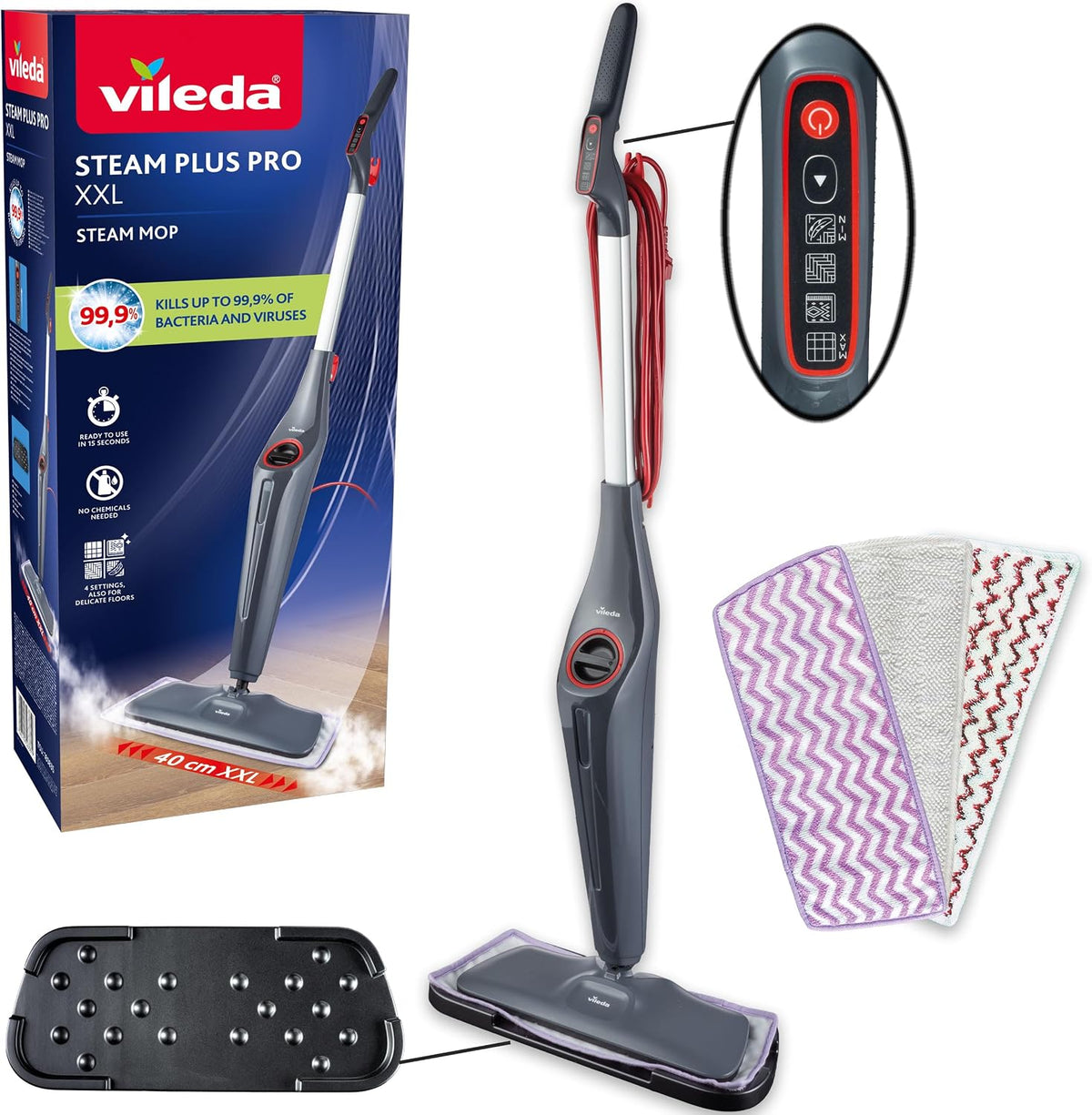 Stoomreiniger Vileda Steam Plus Pro XXL, doodt tot 99% van de bacteriën en virussen, met 4 stoominstellingen, voor delicate vloeren