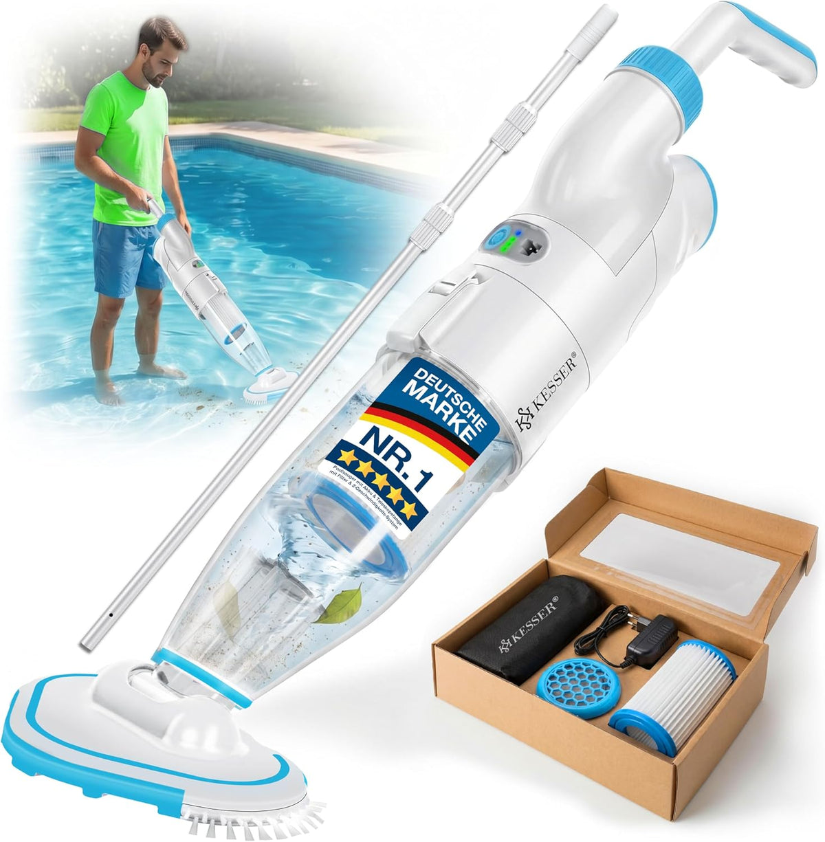 Kesser Handmatige zwembadzuiger ® Zwembadstofzuiger, met accu + deksel