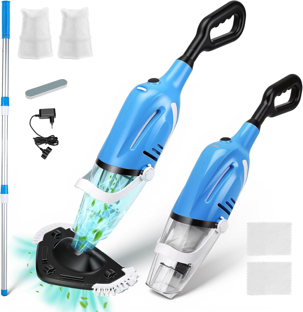 Tlpemn Handmatige zwembadzuiger Draadloze zwembadstofzuiger, 40 l/min zuigkracht, telescoopstang 131-199 cm, met 2 koppen en 2 filterzakken