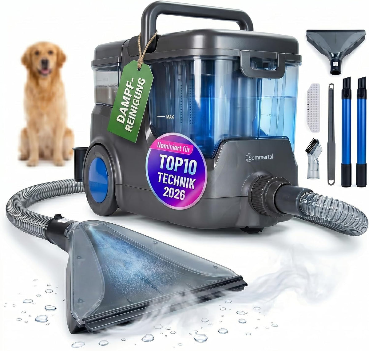 Sommertal Tapijtreiniger Hydro 9000 Max wasstofzuiger, 1000 W, 20 kPa, tapijtreiniger en kussenreiniger, voor tapijt, bank