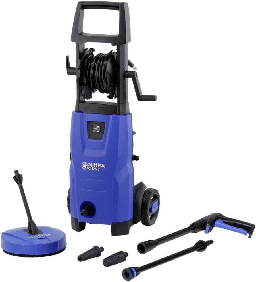 Nilfisk Hogedrukreiniger C 125 bar 125,7-6 PC X, waterstroom 460 l/h en 1500 W motor (blauw), TRA EU Compacte hogedrukreiniger