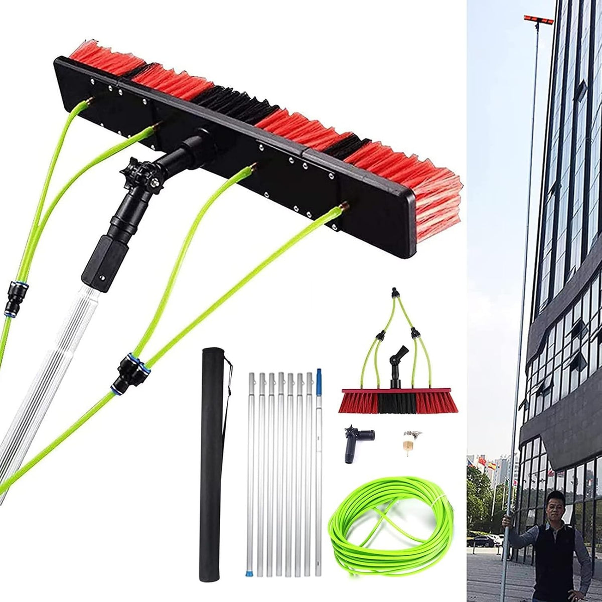 Raamtrekker Ruitenreinigingsset van 8 m – uittrekbare waterborstel, voor hoogte, professionele ruitenreiniger, ideaal, voor huizen en buren