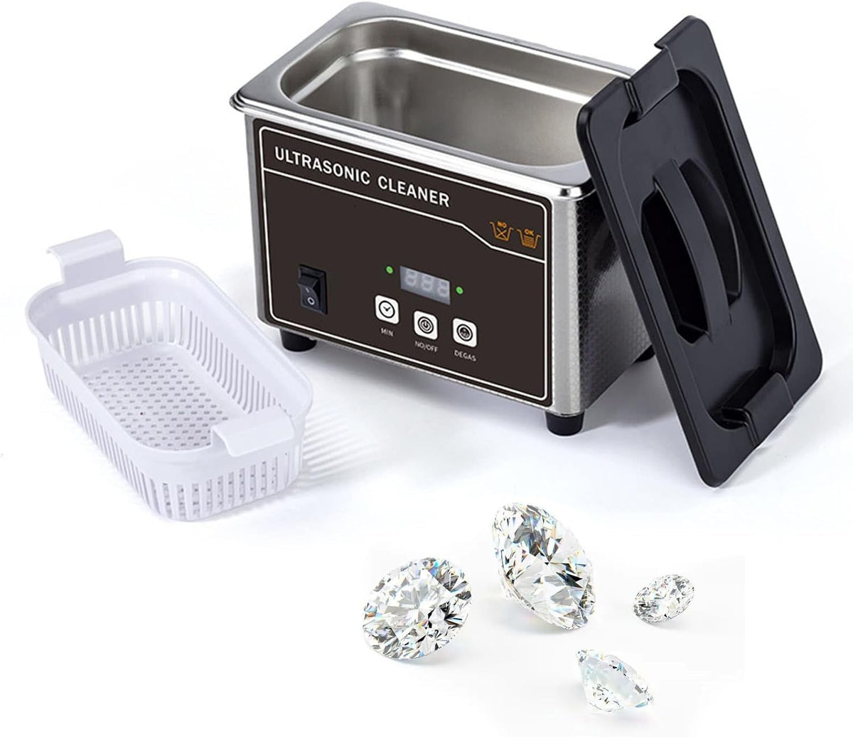 Ultrasone reiniger Angdi 0,8L Sieradenreiniger, 40KHZ Ultrasone Reinigingsmachine, met Digitale Timer en Mandje, Sieraden Reinigingsmachine