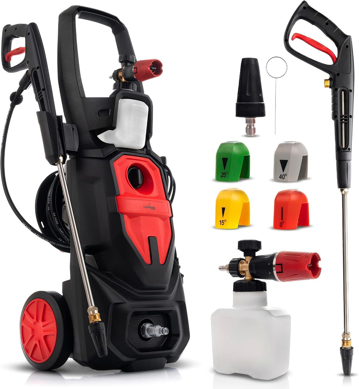 Lehmann Hogedrukreiniger Phoenix, 3000 W, max. 260 bar, 480 l/h debiet, 12 m Hogedrukslang, 4 Sproeiers, met Inductiemotor, met Accessoires Inbegrepen