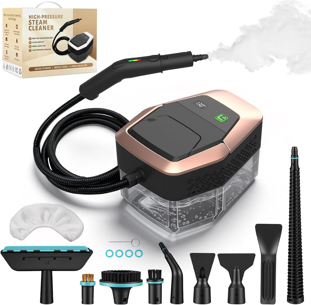 omxa Stoomreiniger, 1500 W, 1,8 l watertank, snel opwarmen in 15 seconden, met 12 accessoires, roségoud (houd 3 seconden tot het start), voor auto's