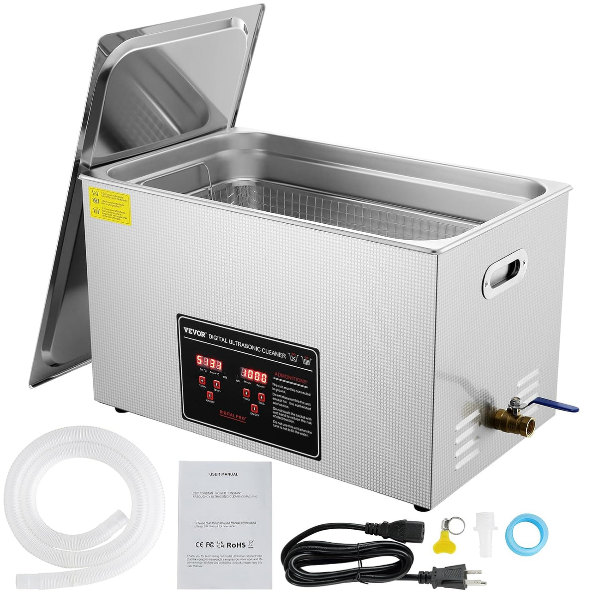 Vevor Ultrasone reiniger, 600 W, 30 l, 0-30 minuten, roestvrij staal, ultrasoon reinigingsapparaat, met digitaal display, ultrasone reiniging, brillen