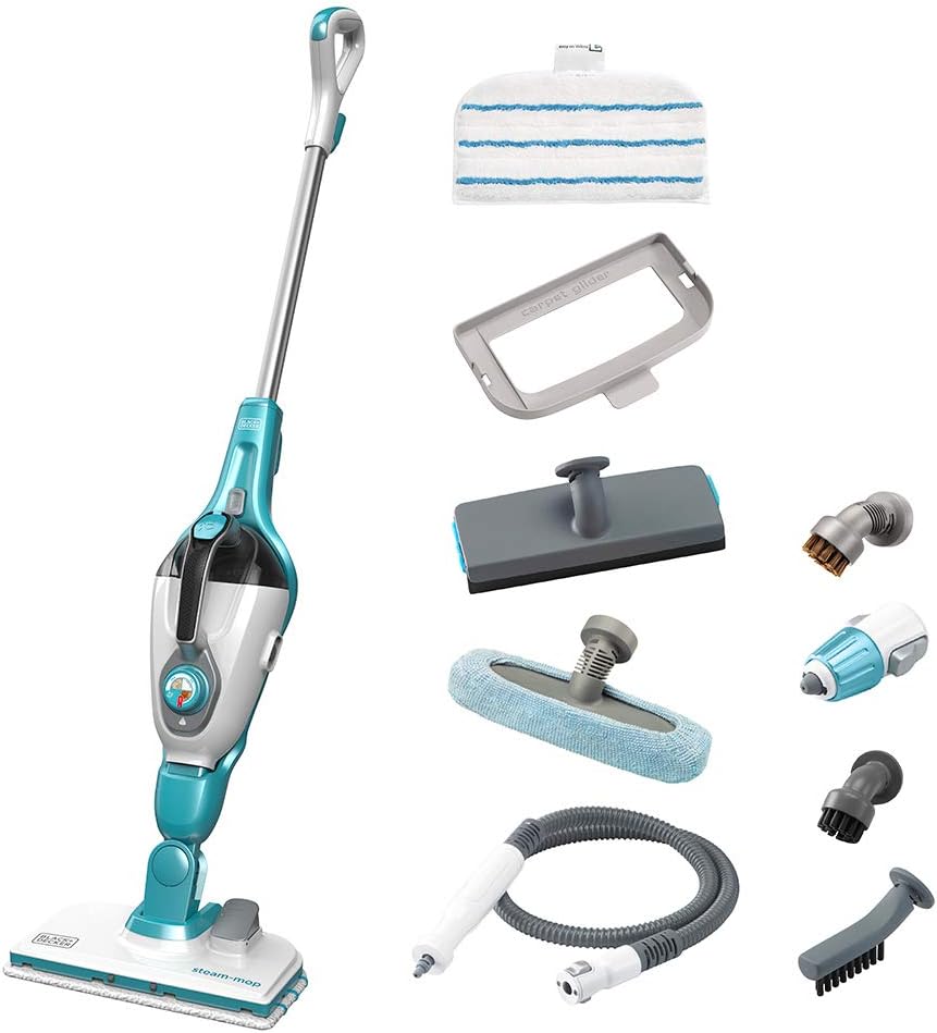 Stoomreiniger Black+Decker zwart + Decker Stoomwisser, 1300 W, 500 ml, 9 accessoires, 99,9% van de, opwarmtijd: 15 s, FSMH1321J, met handreiniger